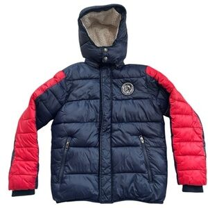 DIESEL PUFFER WINTER COAT + REMOVABLE HOOD, RED & NAVY BLUE, JUNIOR SIZE 14